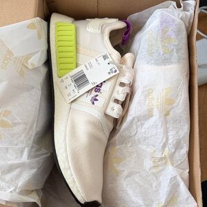 Adidas Cream Sneakers with Green and Purple Highlights